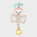 A colorful plush baby butterfly toy with a smiling face and vibrating function, designed for infant play.